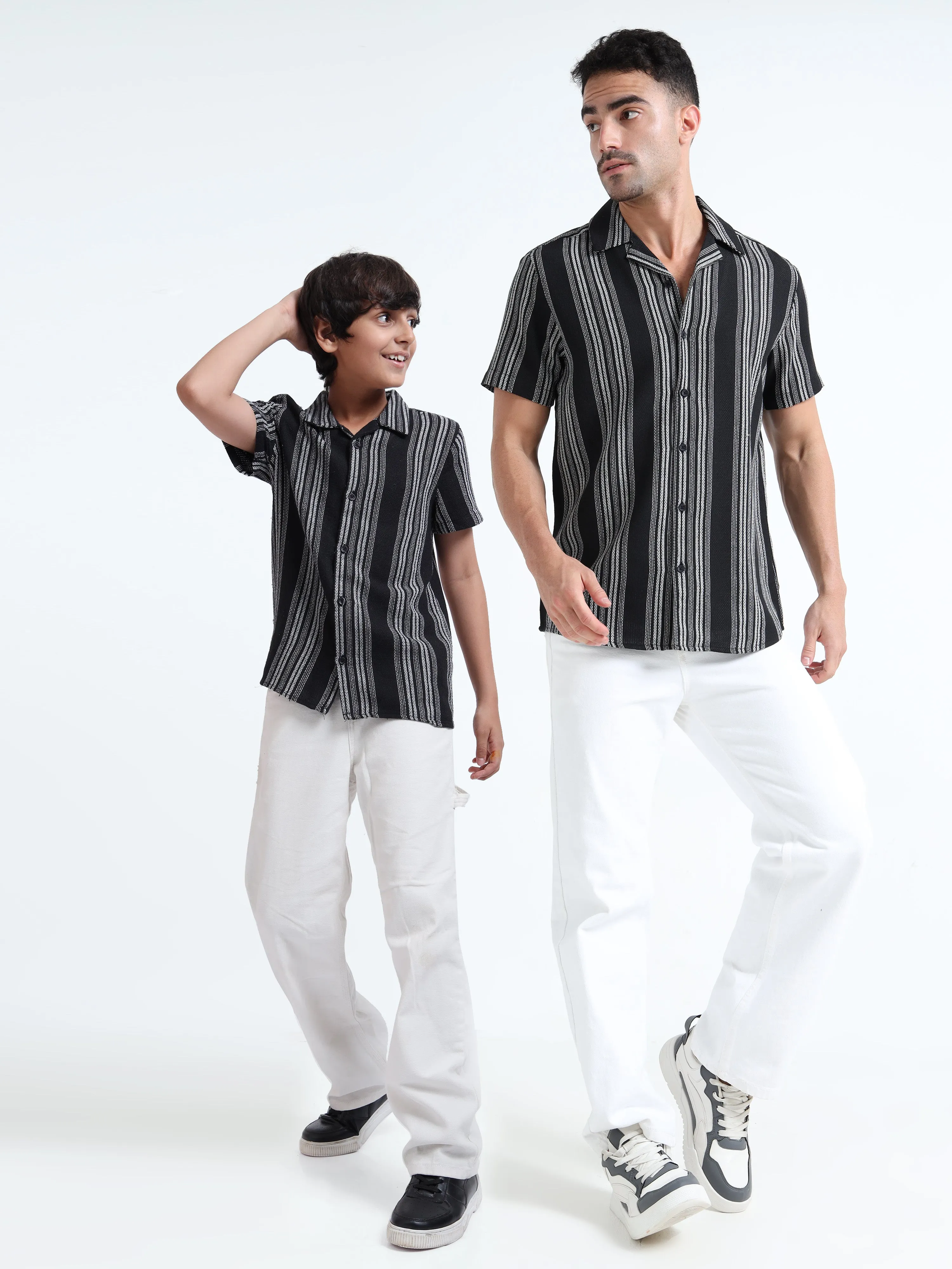 Dad & Son Half Sleeve Textured Striped Sustainable Fabric Twinning Set Black White
