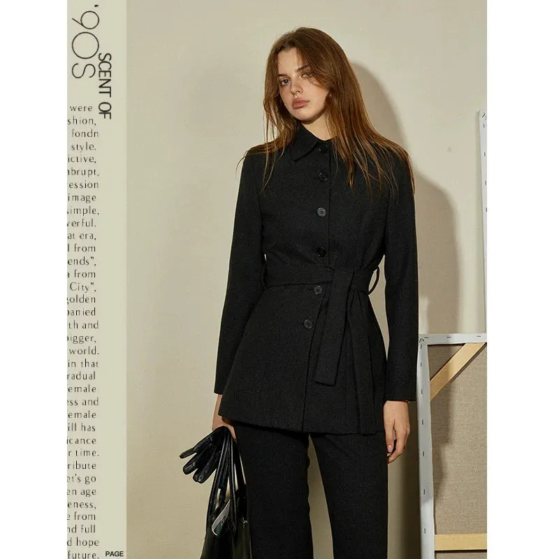 Dark Gray Wool Waist Tie Pantsuit