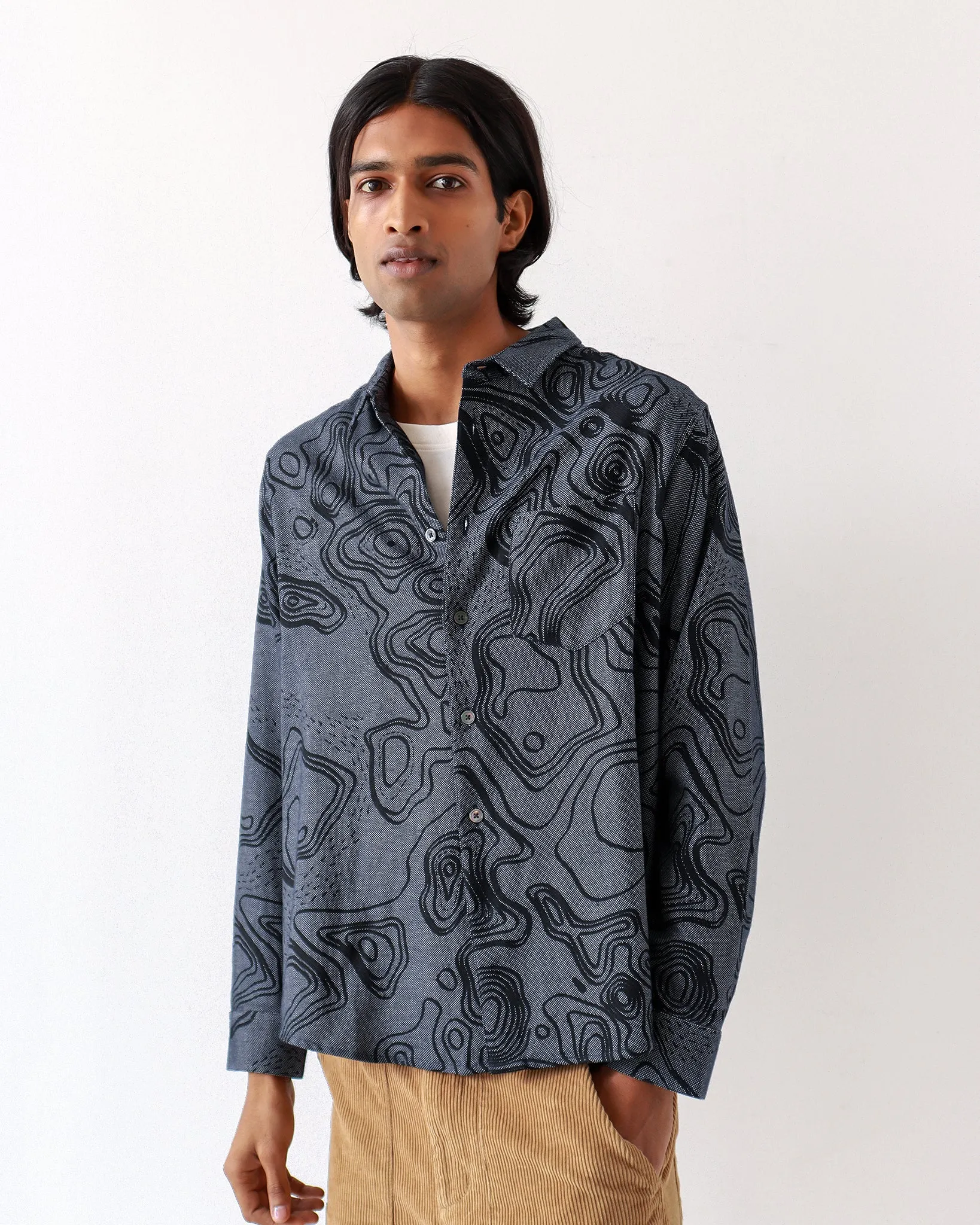 Day Shirt - Navy Iris Contours Print