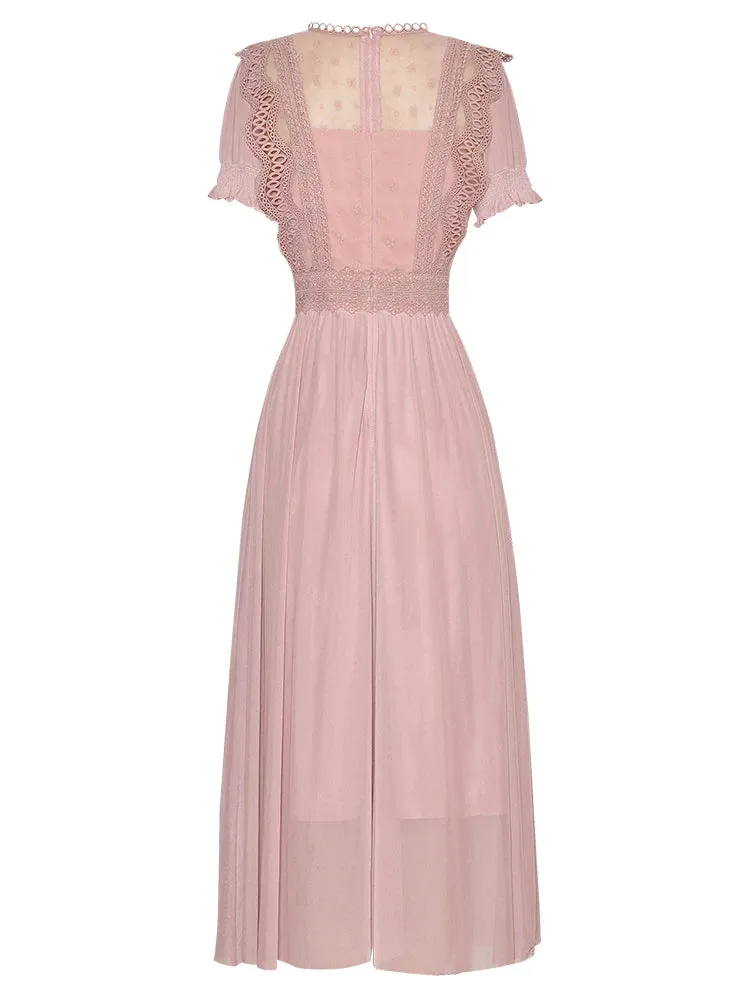 Dayana Embroidery Hollow Out Net Yarn Puff Sleeve Dress