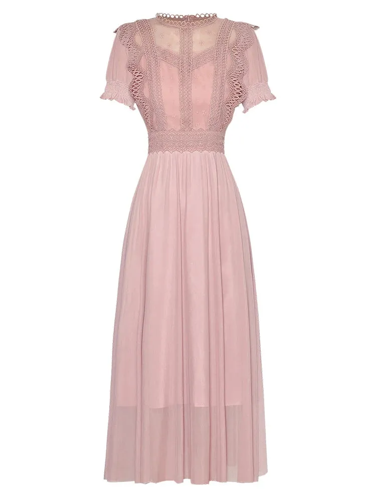 Dayana Embroidery Hollow Out Net Yarn Puff Sleeve Dress