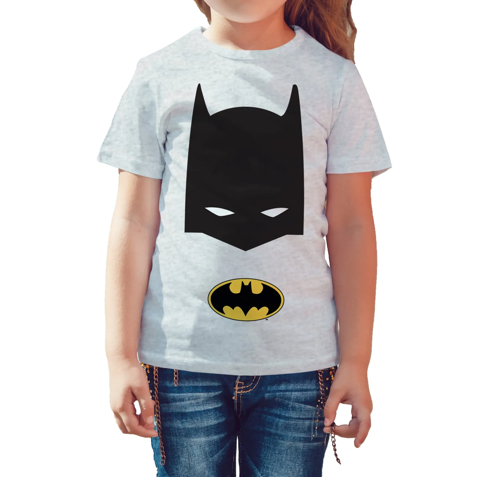 DC Comics Batman Logo Mask Official Kid's T-Shirt (Sports Grey)