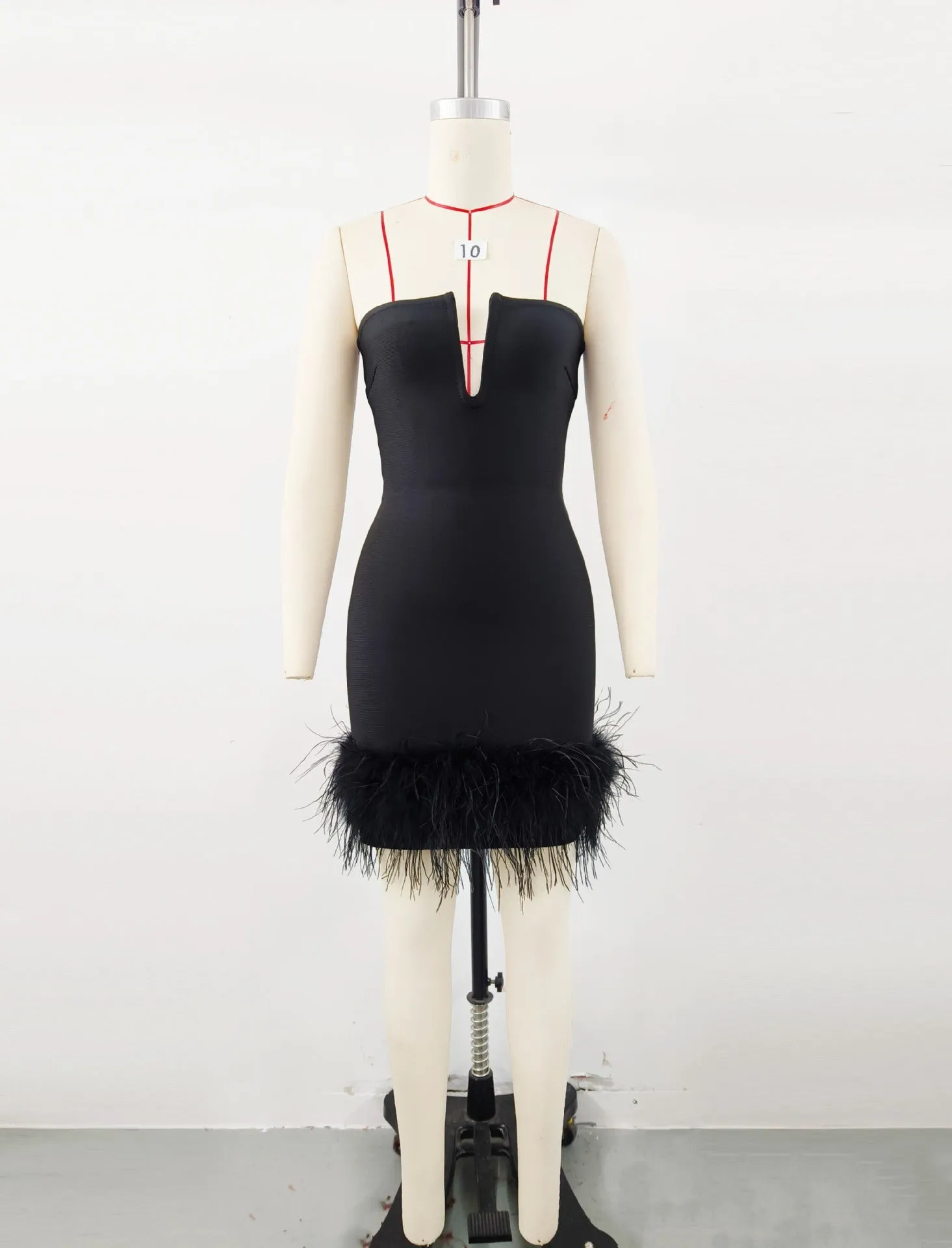 Deep V tube top ostrich feather hip-wrapped mini dress black
