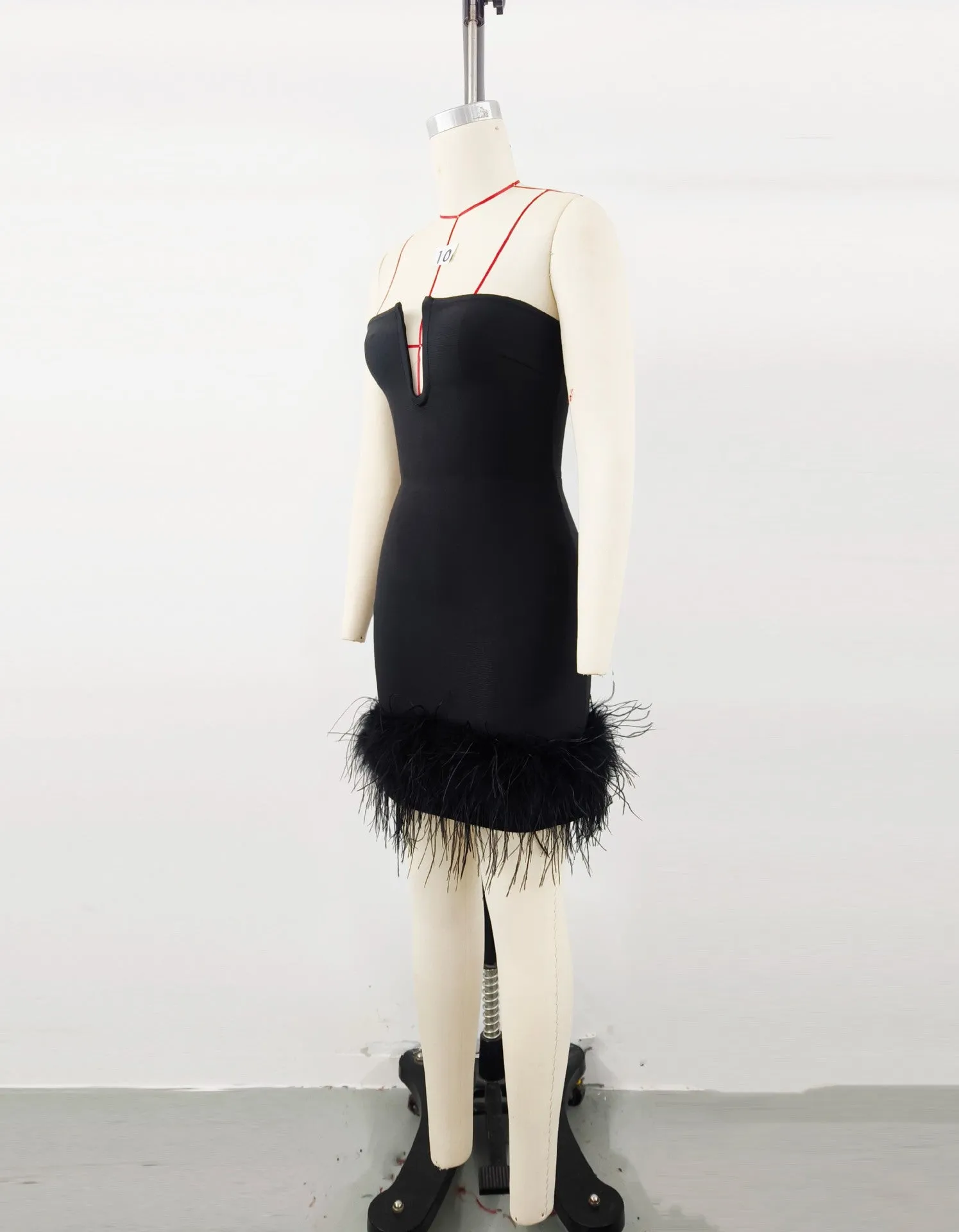 Deep V tube top ostrich feather hip-wrapped mini dress black