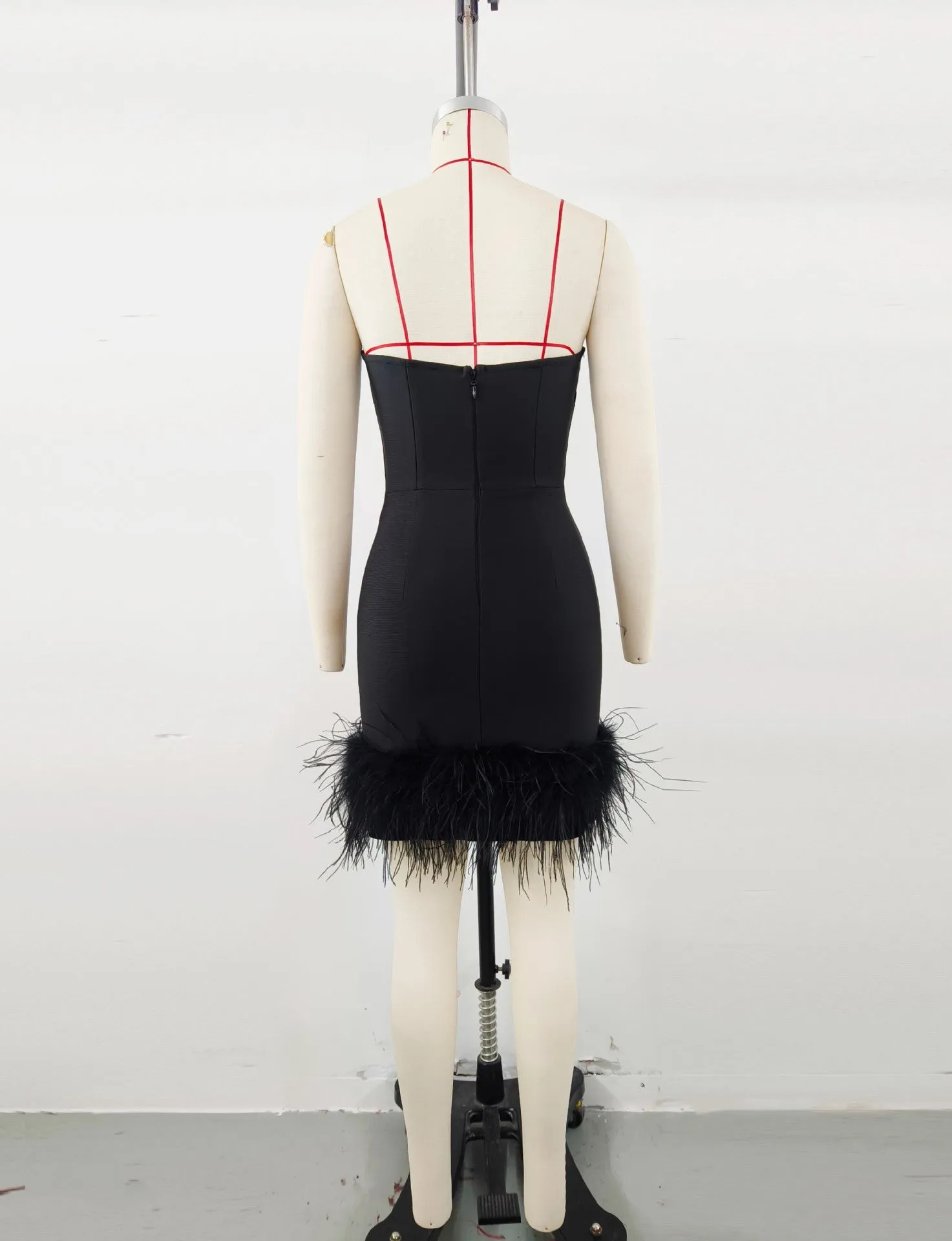 Deep V tube top ostrich feather hip-wrapped mini dress black