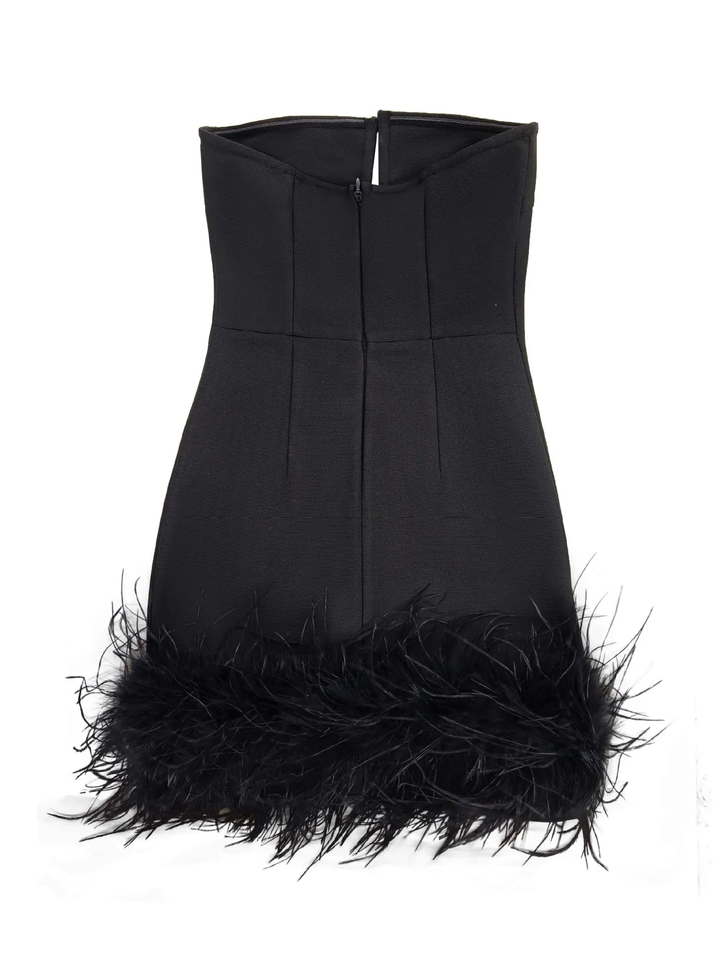 Deep V tube top ostrich feather hip-wrapped mini dress black