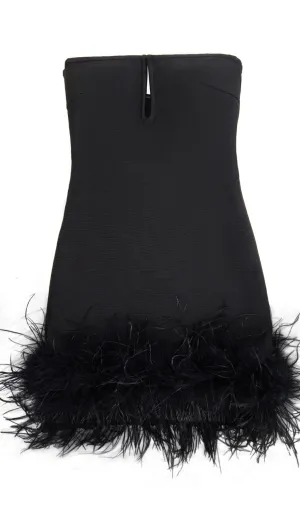 Deep V tube top ostrich feather hip-wrapped mini dress black