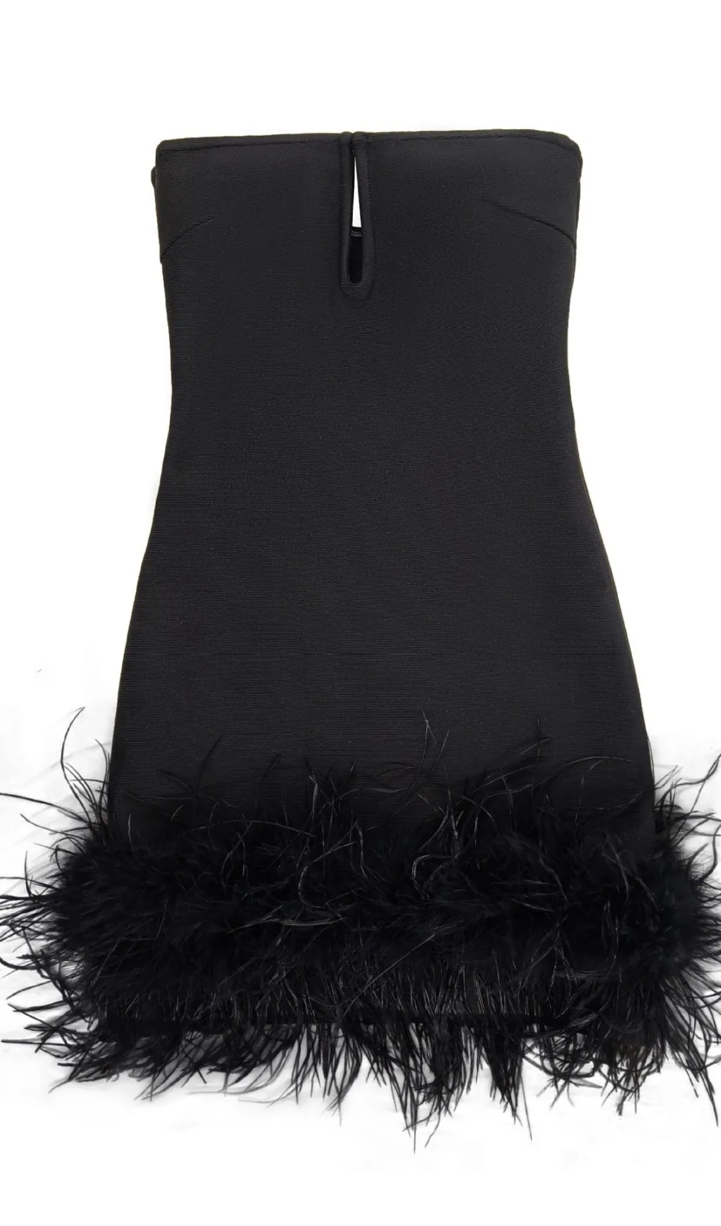 Deep V tube top ostrich feather hip-wrapped mini dress black