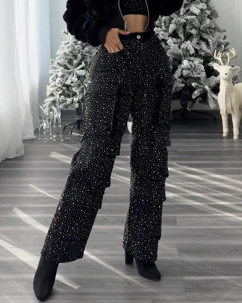 Diamond-Studded Casual Overalls