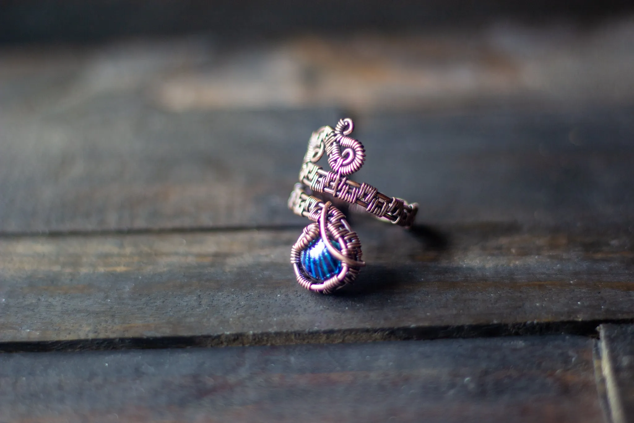 Dichroic Blue Fused Glass and Copper Adjustable Ring