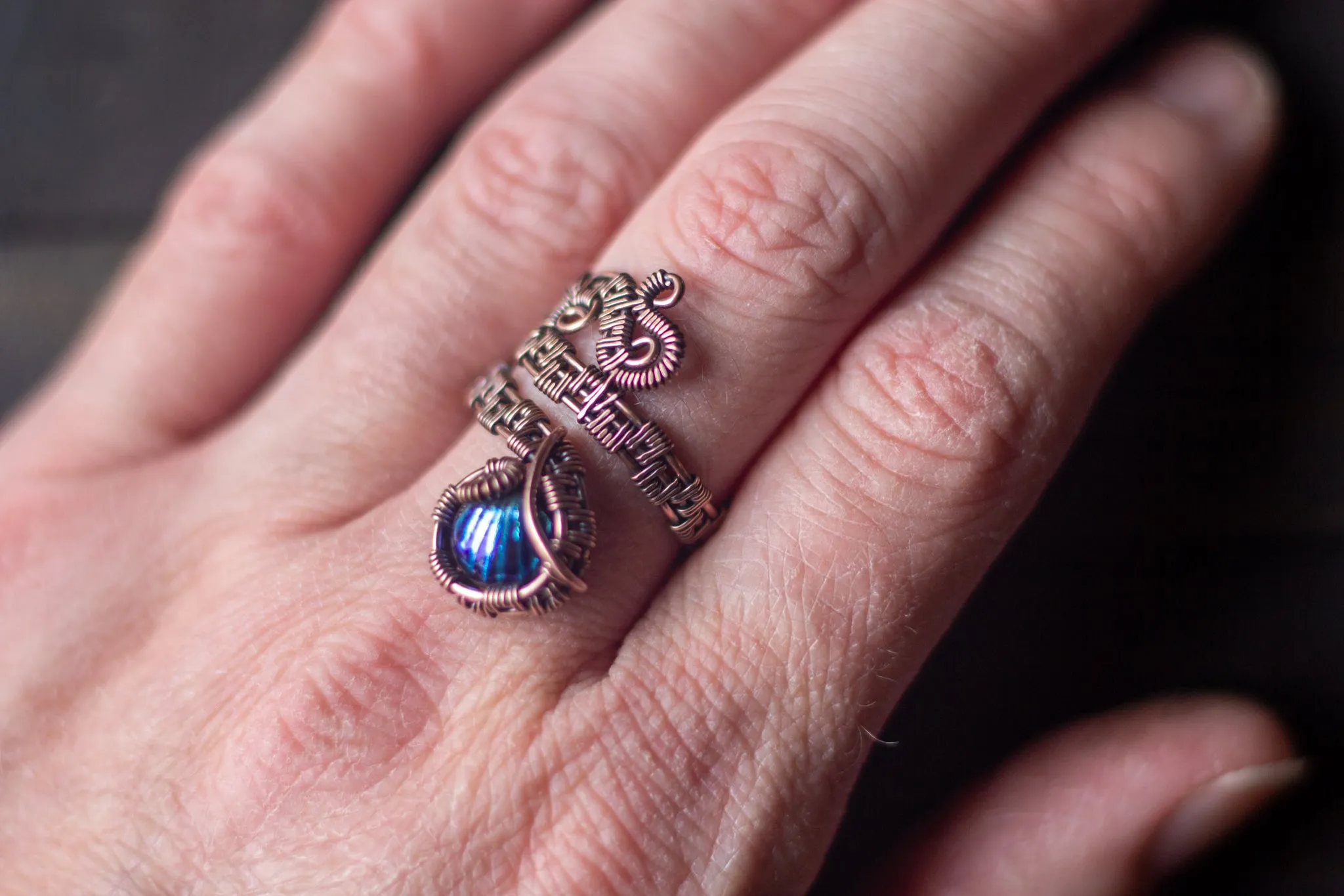 Dichroic Blue Fused Glass and Copper Adjustable Ring