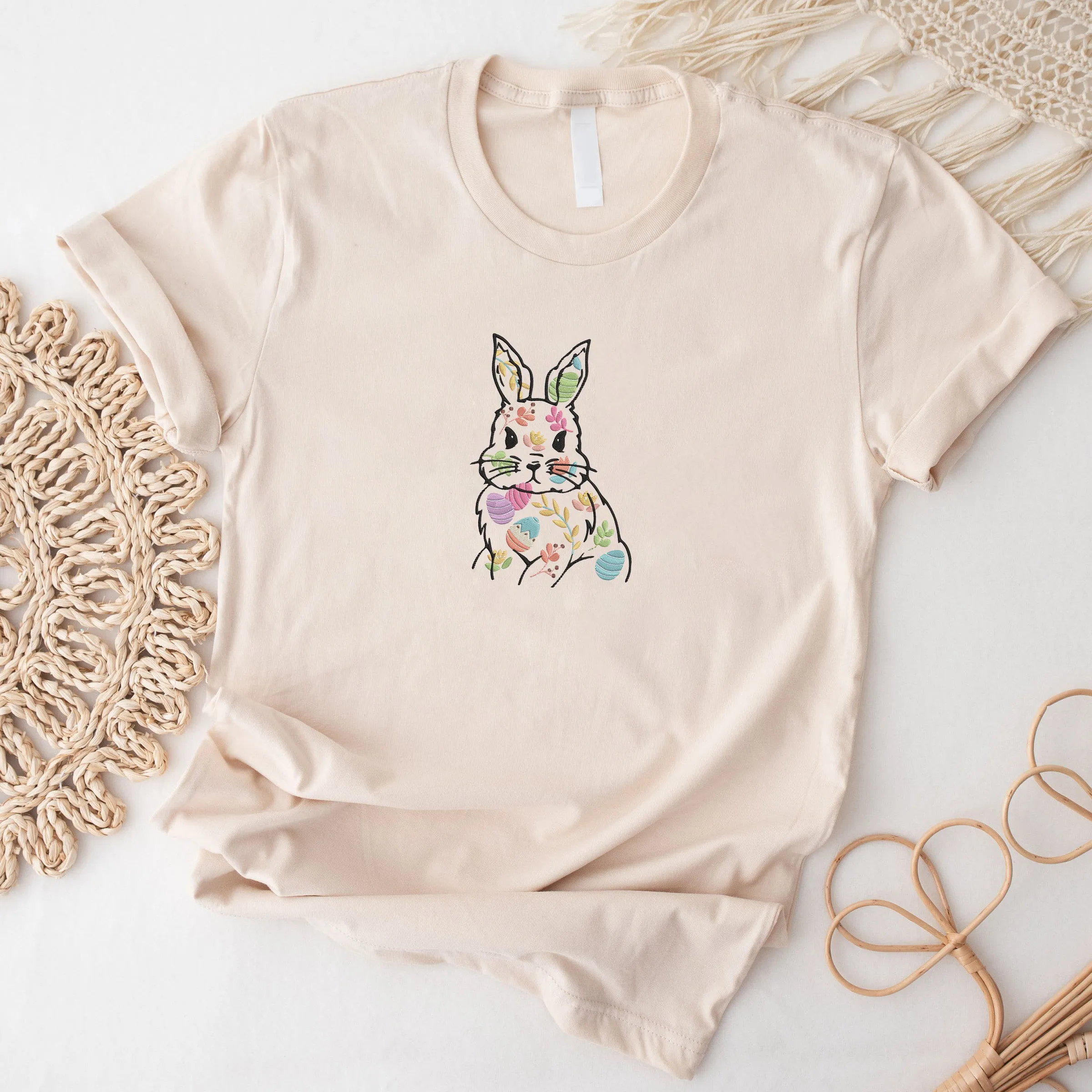 Easter Bunny Embroidered T-shirt, Faux Embroidered Daisy’s Shirt, Flowers Spring Easter Shirt