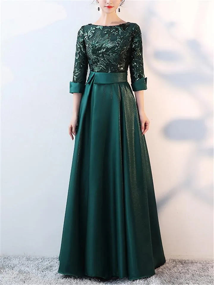 Elegant 3/4 Sleeve Pleated A-Line Maxi Dress for Evening