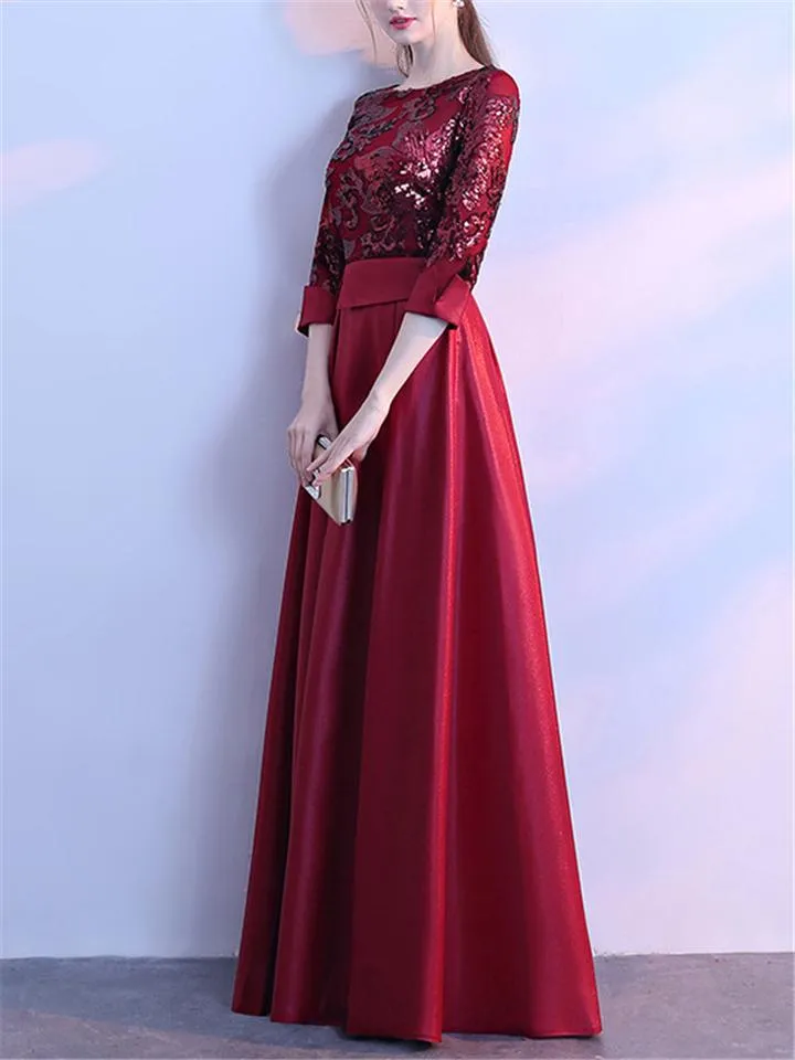 Elegant 3/4 Sleeve Pleated A-Line Maxi Dress for Evening