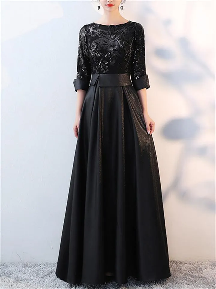 Elegant 3/4 Sleeve Pleated A-Line Maxi Dress for Evening