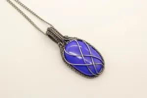 Elegant Blue Fused Glass Pendant with Sterling Silver Wire Wrapping