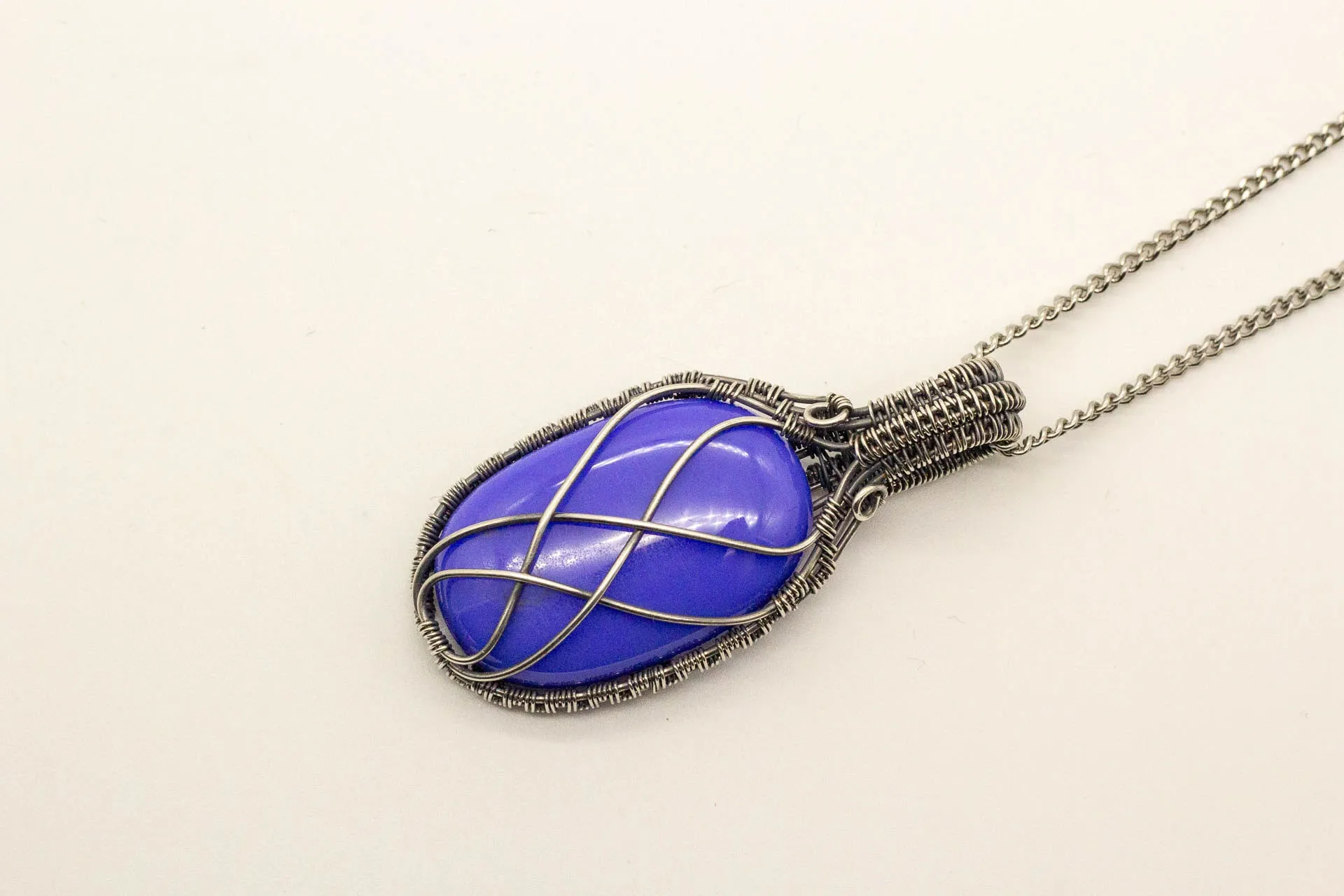Elegant Blue Fused Glass Pendant with Sterling Silver Wire Wrapping