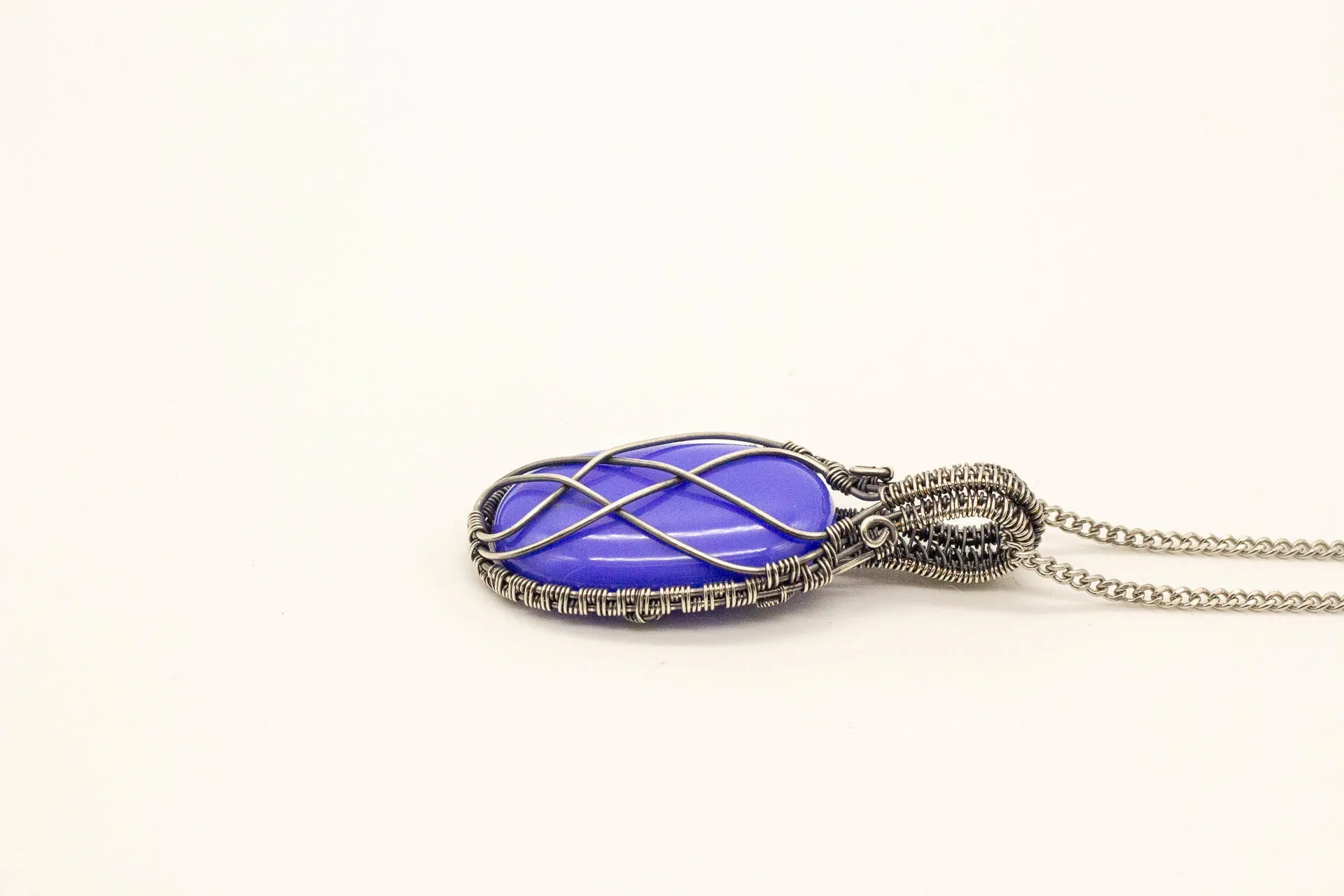 Elegant Blue Fused Glass Pendant with Sterling Silver Wire Wrapping