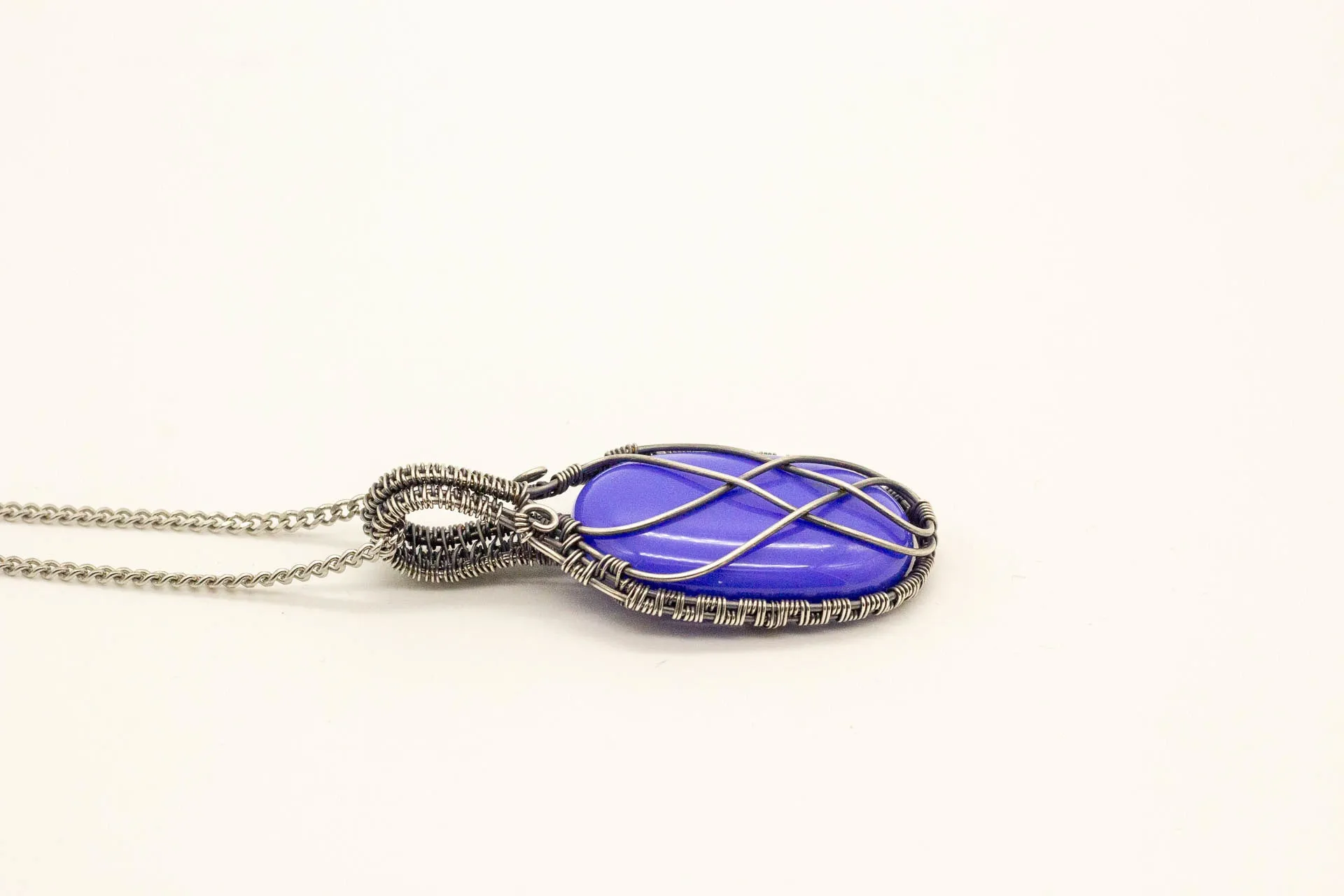 Elegant Blue Fused Glass Pendant with Sterling Silver Wire Wrapping