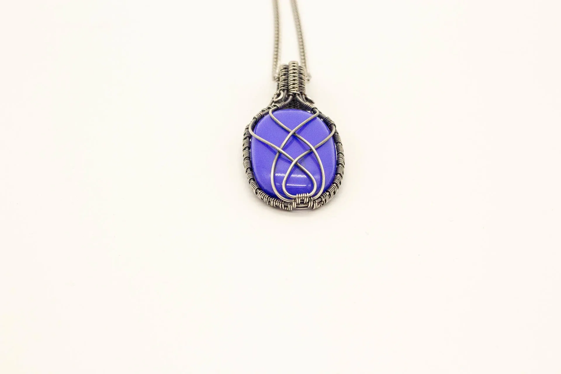 Elegant Blue Fused Glass Pendant with Sterling Silver Wire Wrapping