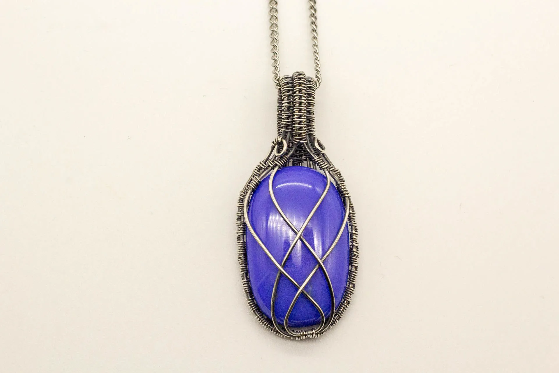 Elegant Blue Fused Glass Pendant with Sterling Silver Wire Wrapping