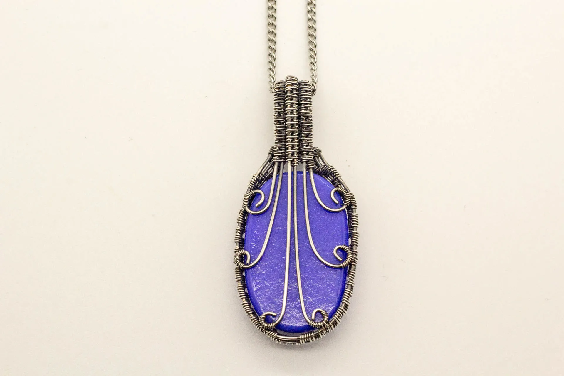 Elegant Blue Fused Glass Pendant with Sterling Silver Wire Wrapping