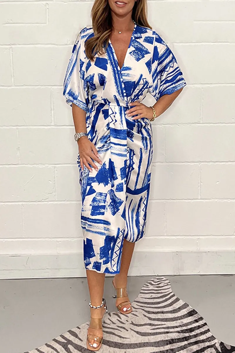 Elegant Geometric Printing V Neck Irregular Dress Dresses
