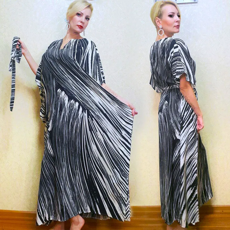 Elegant Quick-Drying Striped V-Neck Self Belted Summer Beach Dress Black Cotton Tunic Plus Size Women Beachwear Kaftan Q941