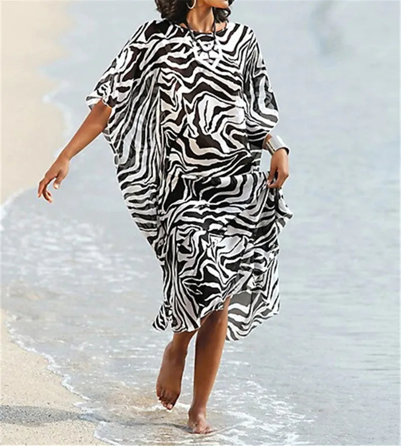 Elegant Quick-Drying Striped V-Neck Self Belted Summer Beach Dress Black Cotton Tunic Plus Size Women Beachwear Kaftan Q941