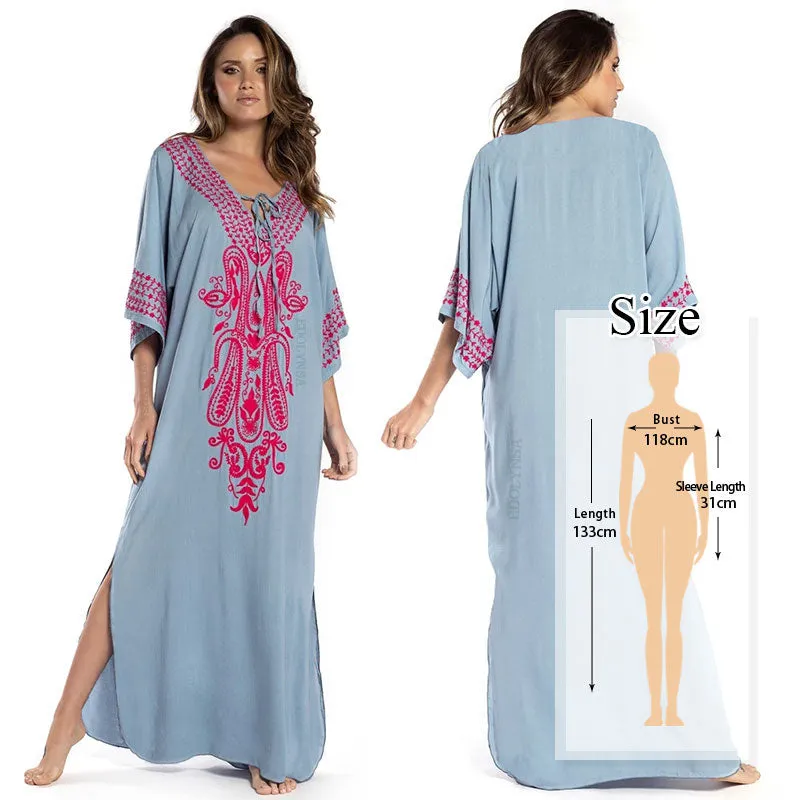 Elegant Quick-Drying Striped V-Neck Self Belted Summer Beach Dress Black Cotton Tunic Plus Size Women Beachwear Kaftan Q941