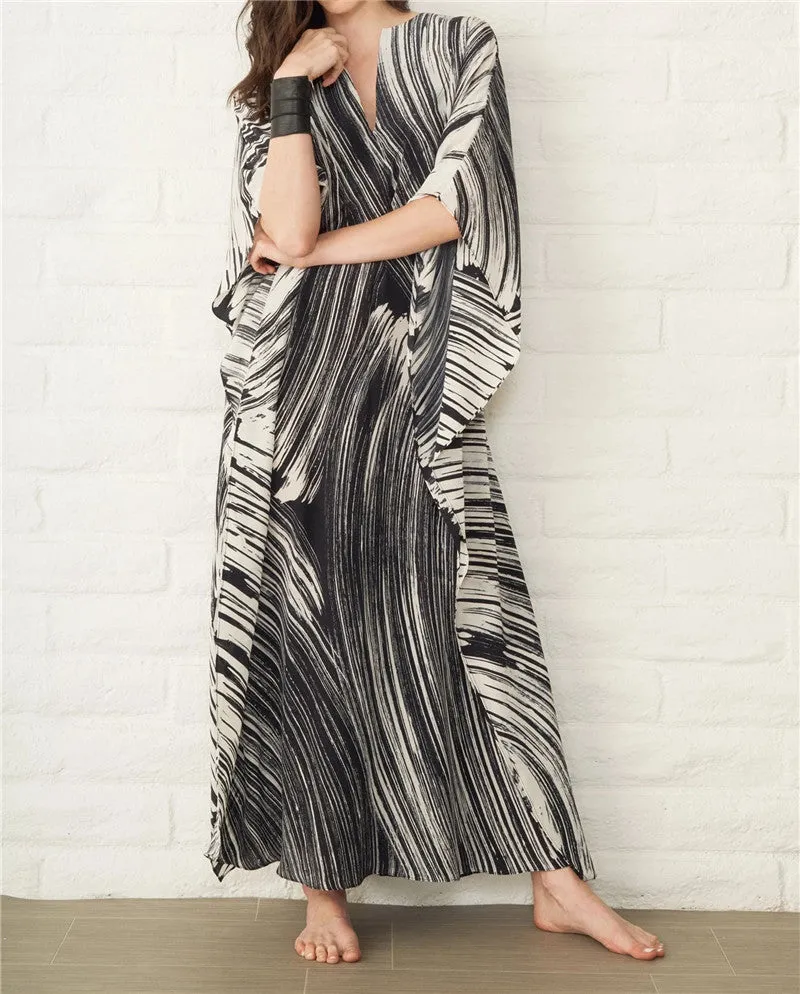 Elegant Quick-Drying Striped V-Neck Self Belted Summer Beach Dress Black Cotton Tunic Plus Size Women Beachwear Kaftan Q941