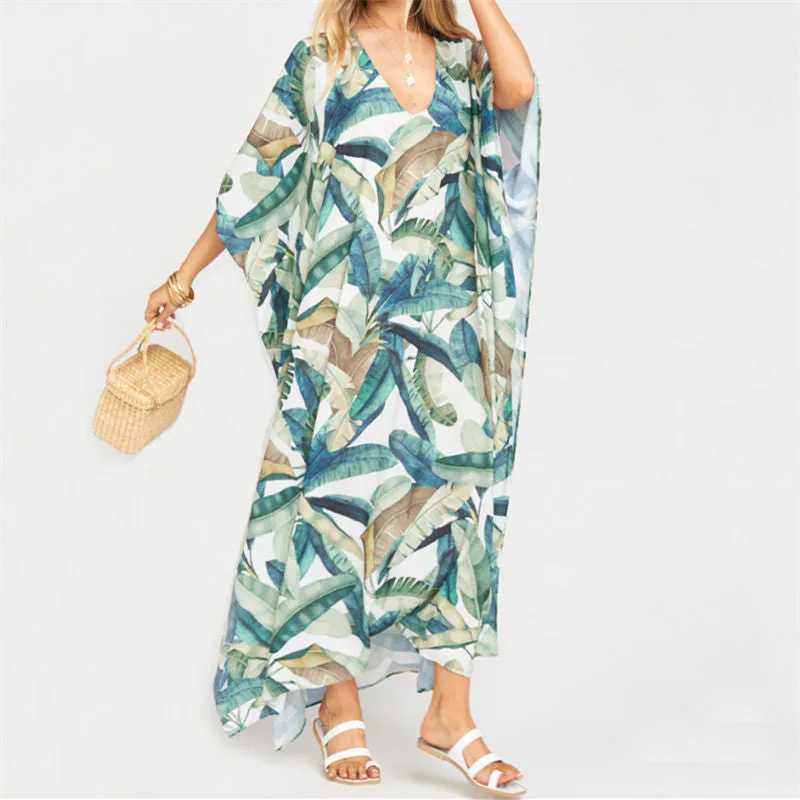 Elegant Quick-Drying Striped V-Neck Self Belted Summer Beach Dress Black Cotton Tunic Plus Size Women Beachwear Kaftan Q941