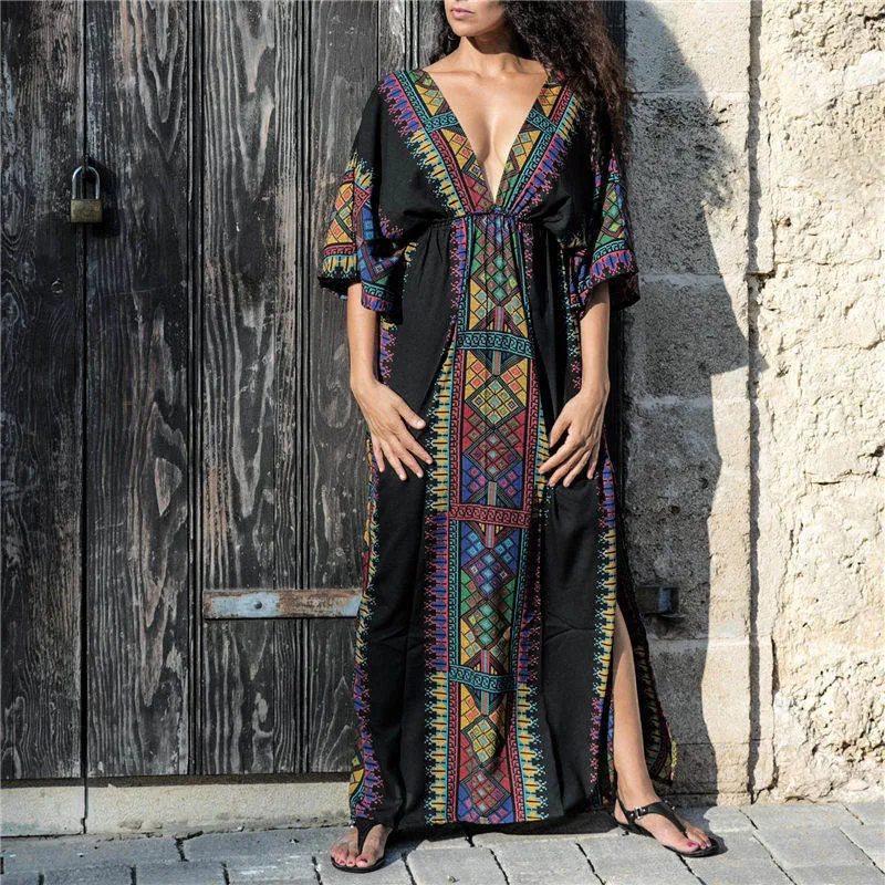 Elegant Quick-Drying Striped V-Neck Self Belted Summer Beach Dress Black Cotton Tunic Plus Size Women Beachwear Kaftan Q941