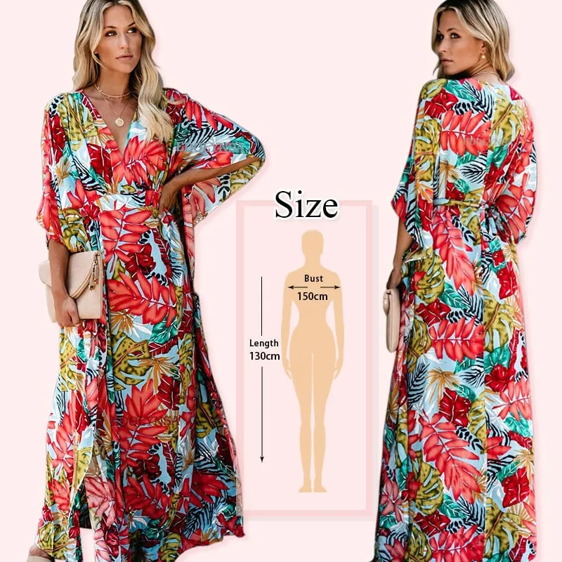 Elegant Quick-Drying Striped V-Neck Self Belted Summer Beach Dress Black Cotton Tunic Plus Size Women Beachwear Kaftan Q941