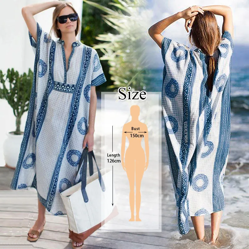 Elegant Quick-Drying Striped V-Neck Self Belted Summer Beach Dress Black Cotton Tunic Plus Size Women Beachwear Kaftan Q941