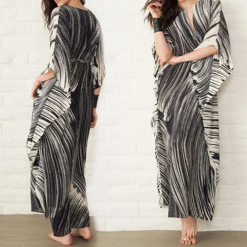 Elegant Quick-Drying Striped V-Neck Self Belted Summer Beach Dress Black Cotton Tunic Plus Size Women Beachwear Kaftan Q941