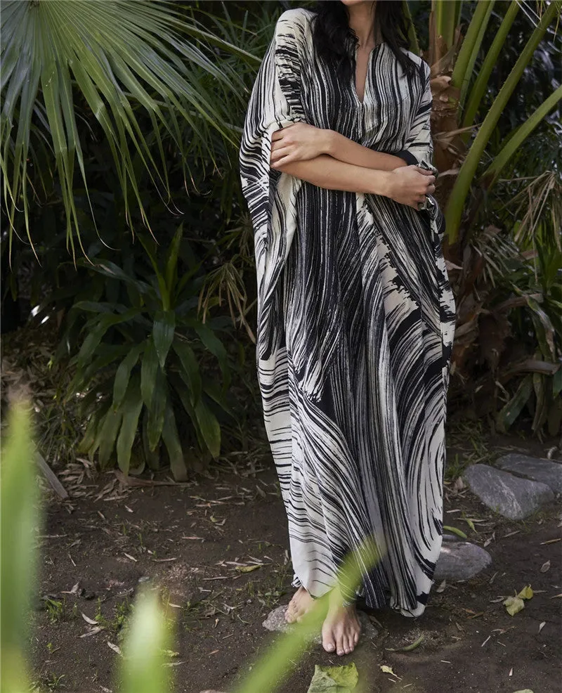 Elegant Quick-Drying Striped V-Neck Self Belted Summer Beach Dress Black Cotton Tunic Plus Size Women Beachwear Kaftan Q941