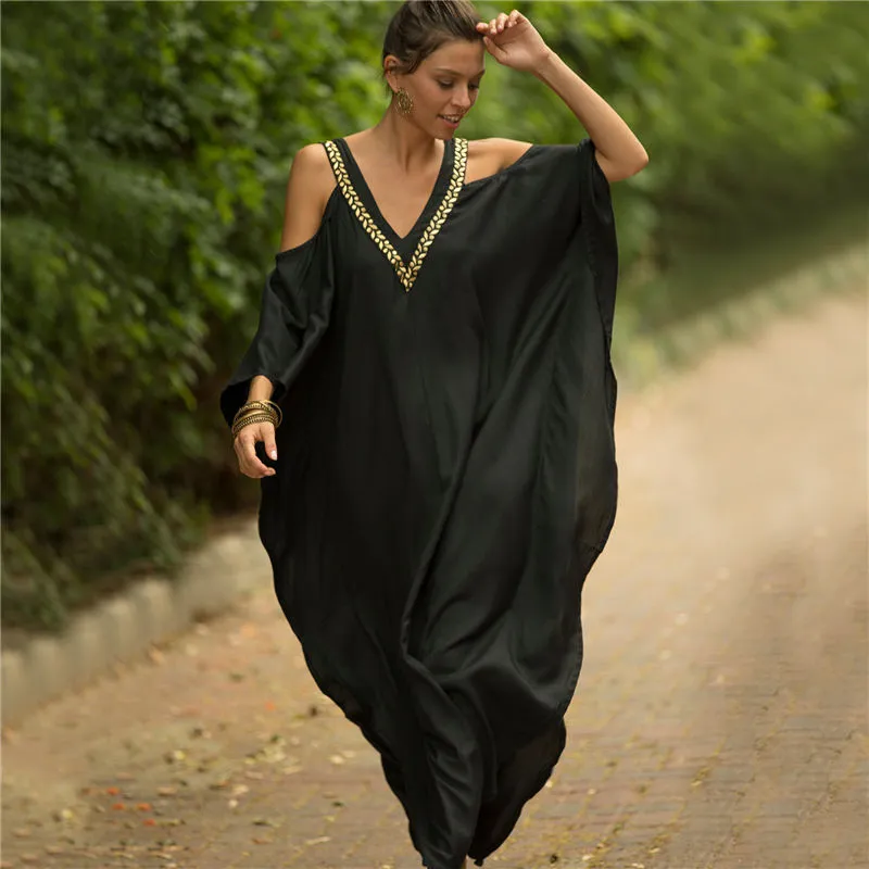 Elegant Quick-Drying Striped V-Neck Self Belted Summer Beach Dress Black Cotton Tunic Plus Size Women Beachwear Kaftan Q941