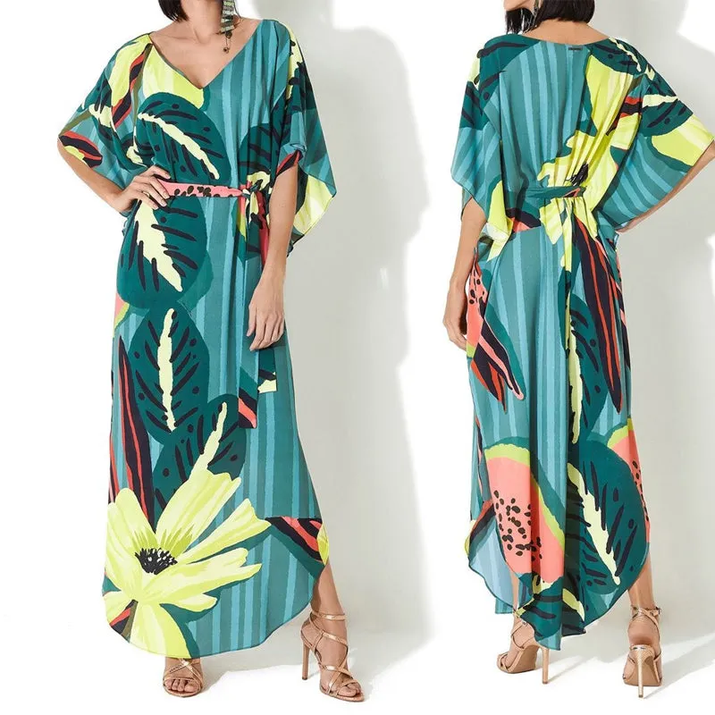 Elegant Quick-Drying Striped V-Neck Self Belted Summer Beach Dress Black Cotton Tunic Plus Size Women Beachwear Kaftan Q941