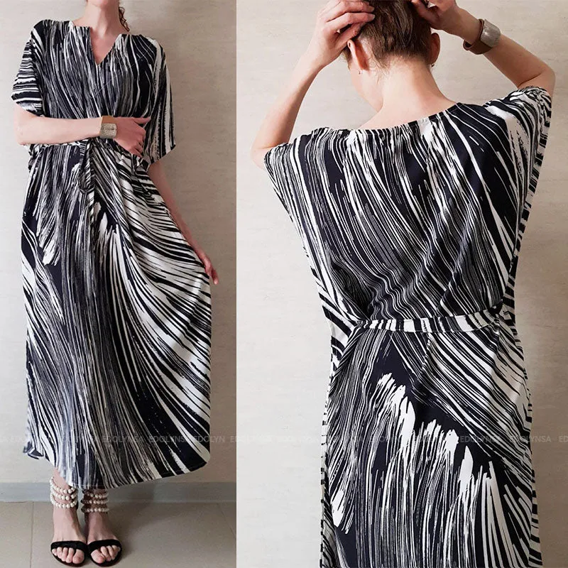 Elegant Quick-Drying Striped V-Neck Self Belted Summer Beach Dress Black Cotton Tunic Plus Size Women Beachwear Kaftan Q941