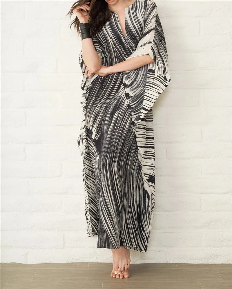 Elegant Quick-Drying Striped V-Neck Self Belted Summer Beach Dress Black Cotton Tunic Plus Size Women Beachwear Kaftan Q941