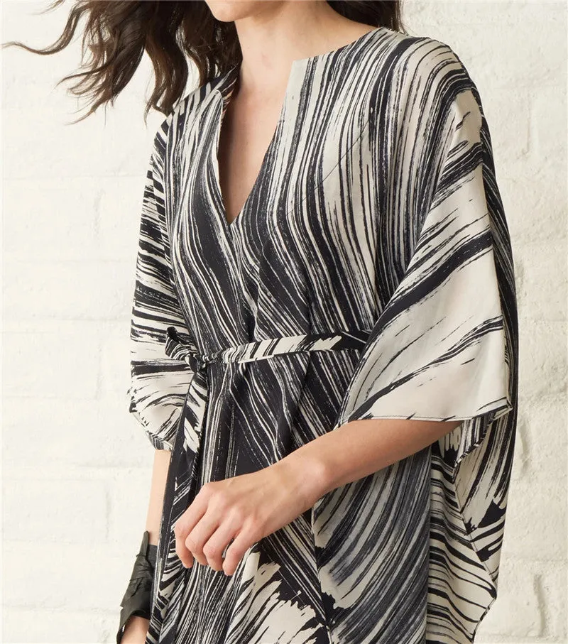 Elegant Quick-Drying Striped V-Neck Self Belted Summer Beach Dress Black Cotton Tunic Plus Size Women Beachwear Kaftan Q941