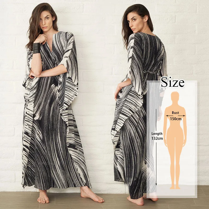 Elegant Quick-Drying Striped V-Neck Self Belted Summer Beach Dress Black Cotton Tunic Plus Size Women Beachwear Kaftan Q941