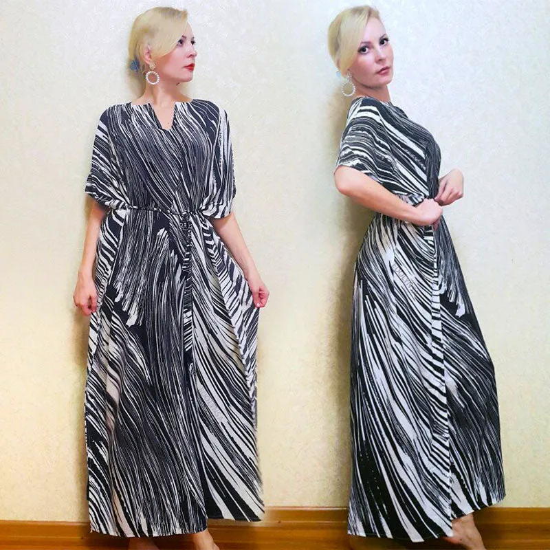 Elegant Quick-Drying Striped V-Neck Self Belted Summer Beach Dress Black Cotton Tunic Plus Size Women Beachwear Kaftan Q941