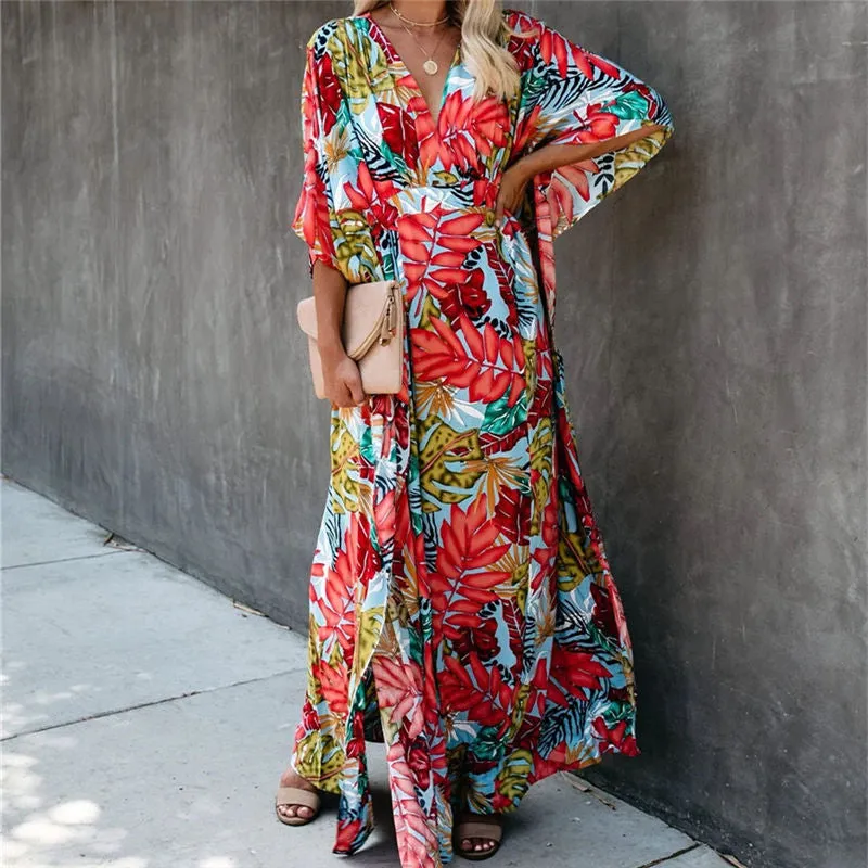 Elegant Quick-Drying Striped V-Neck Self Belted Summer Beach Dress Black Cotton Tunic Plus Size Women Beachwear Kaftan Q941