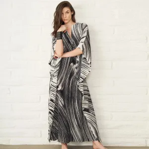 Elegant Quick-Drying Striped V-Neck Self Belted Summer Beach Dress Black Cotton Tunic Plus Size Women Beachwear Kaftan Q941