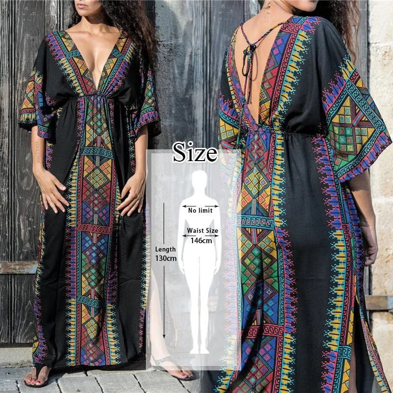 Elegant Quick-Drying Striped V-Neck Self Belted Summer Beach Dress Black Cotton Tunic Plus Size Women Beachwear Kaftan Q941