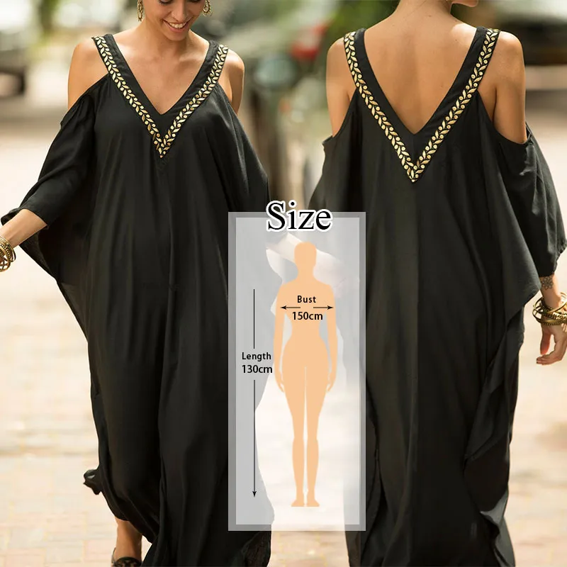 Elegant Quick-Drying Striped V-Neck Self Belted Summer Beach Dress Black Cotton Tunic Plus Size Women Beachwear Kaftan Q941