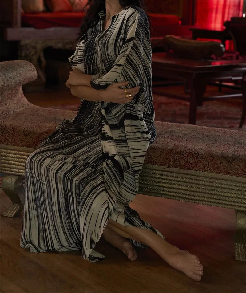 Elegant Quick-Drying Striped V-Neck Self Belted Summer Beach Dress Black Cotton Tunic Plus Size Women Beachwear Kaftan Q941