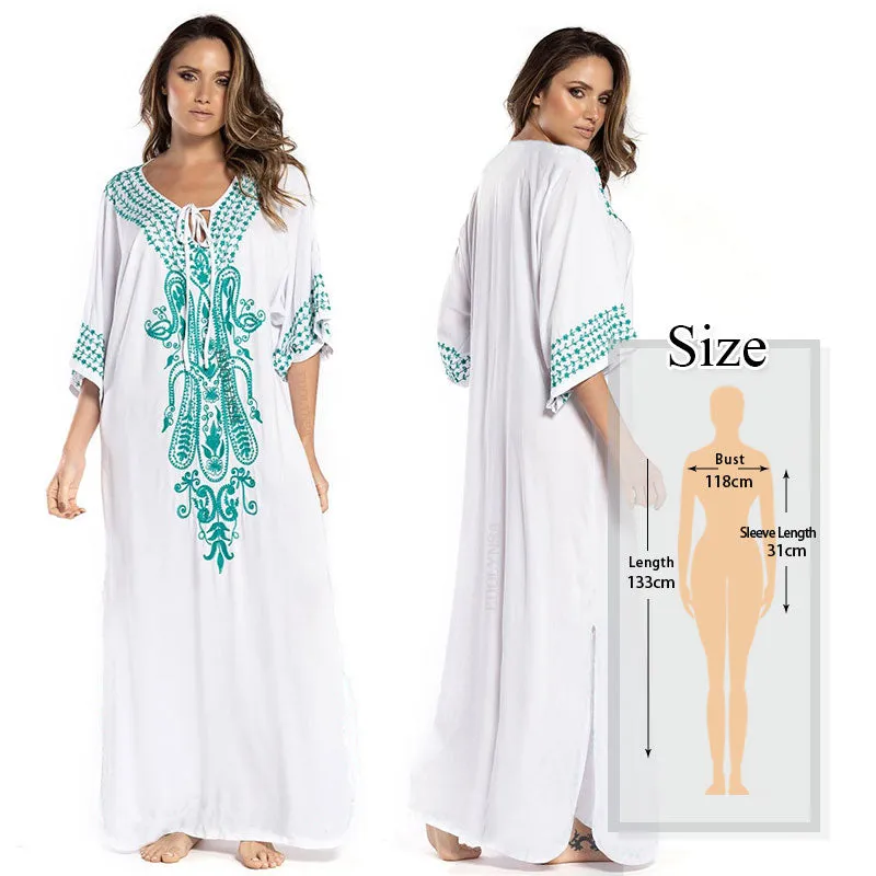 Elegant Quick-Drying Striped V-Neck Self Belted Summer Beach Dress Black Cotton Tunic Plus Size Women Beachwear Kaftan Q941